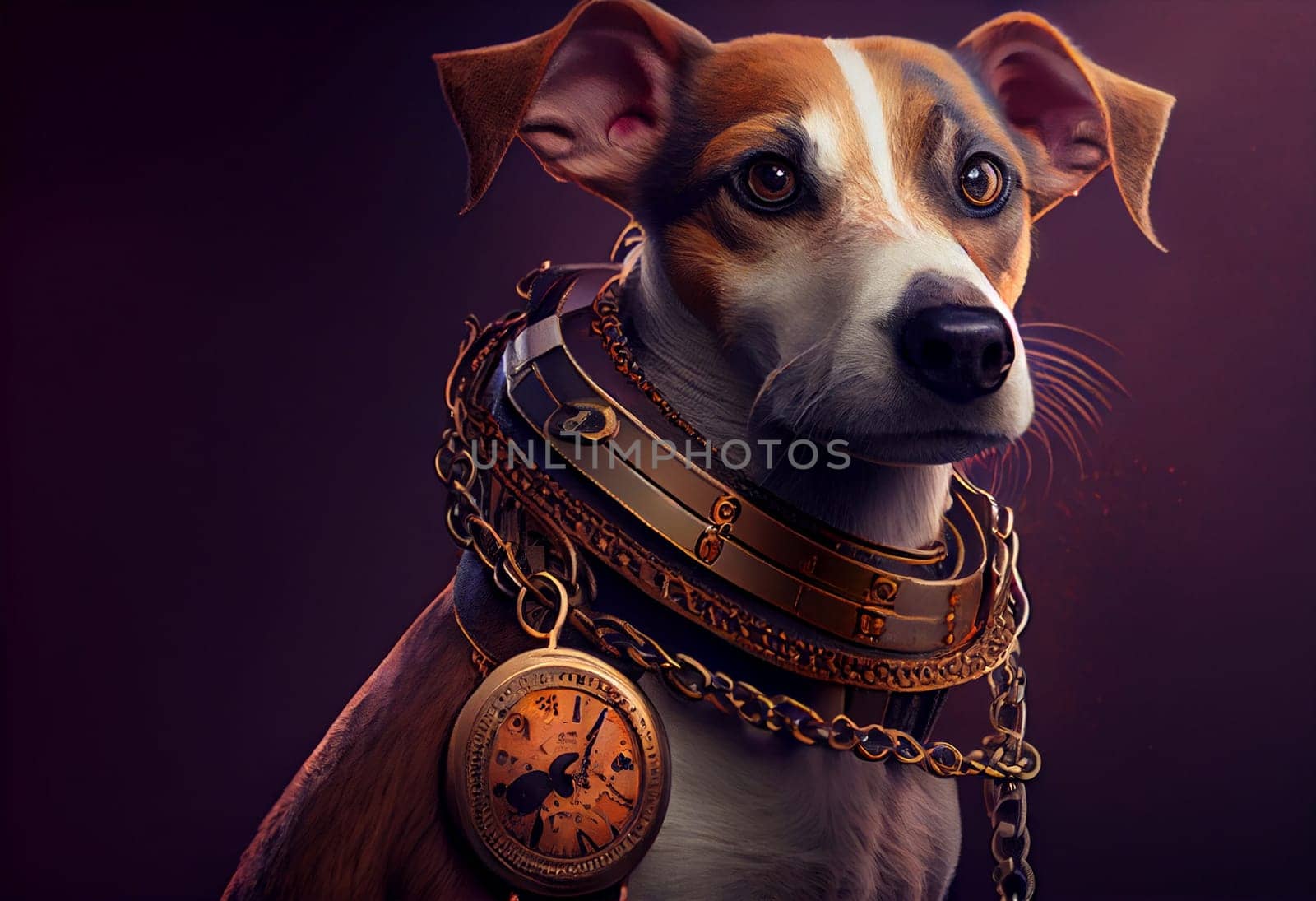 dog with a steampunk watch lanyard around his neck protecting a safe.