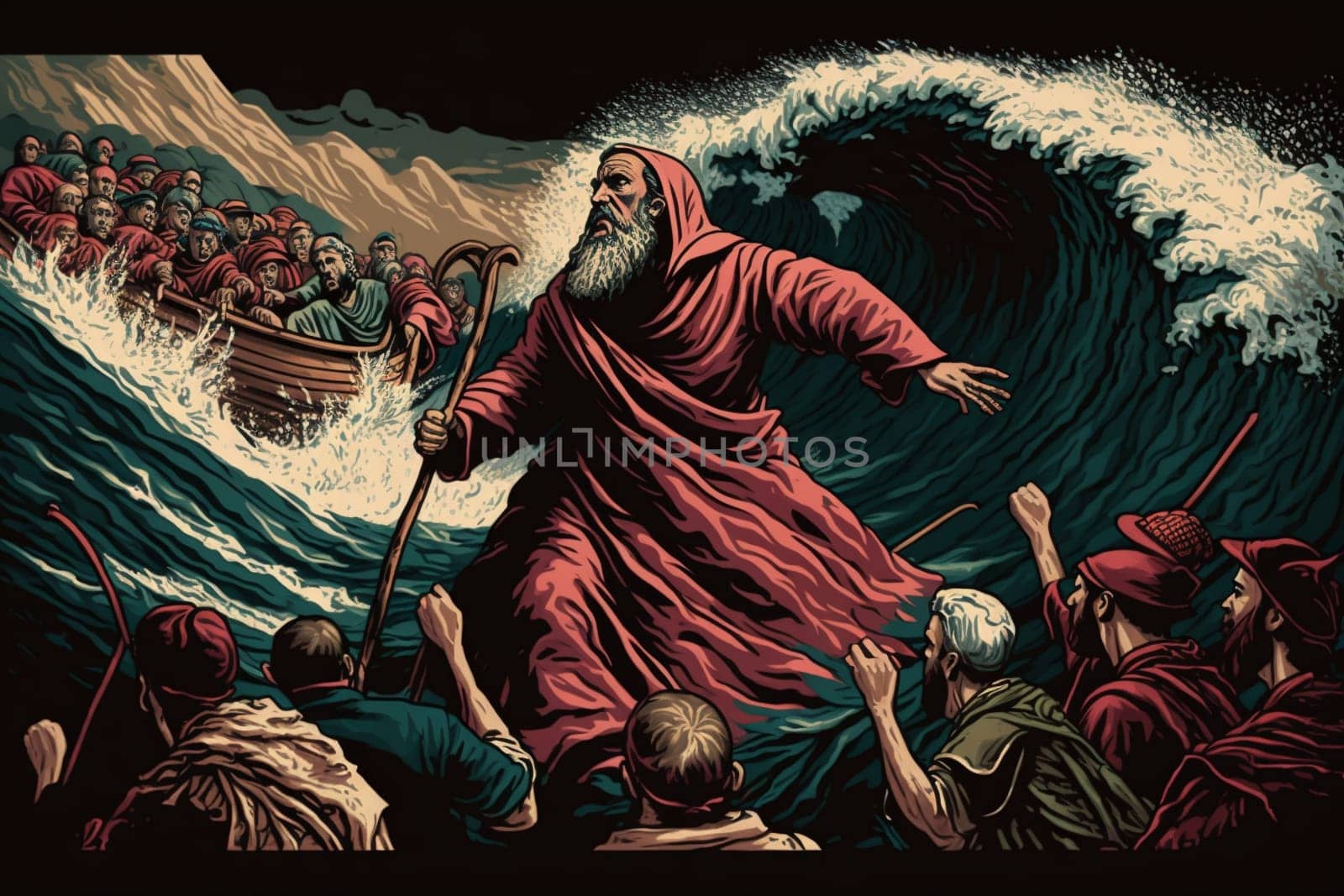 Illustration of the Exodus of the bible, Moses crossing the Red Sea with the Israelites, escape from the Egyptians.