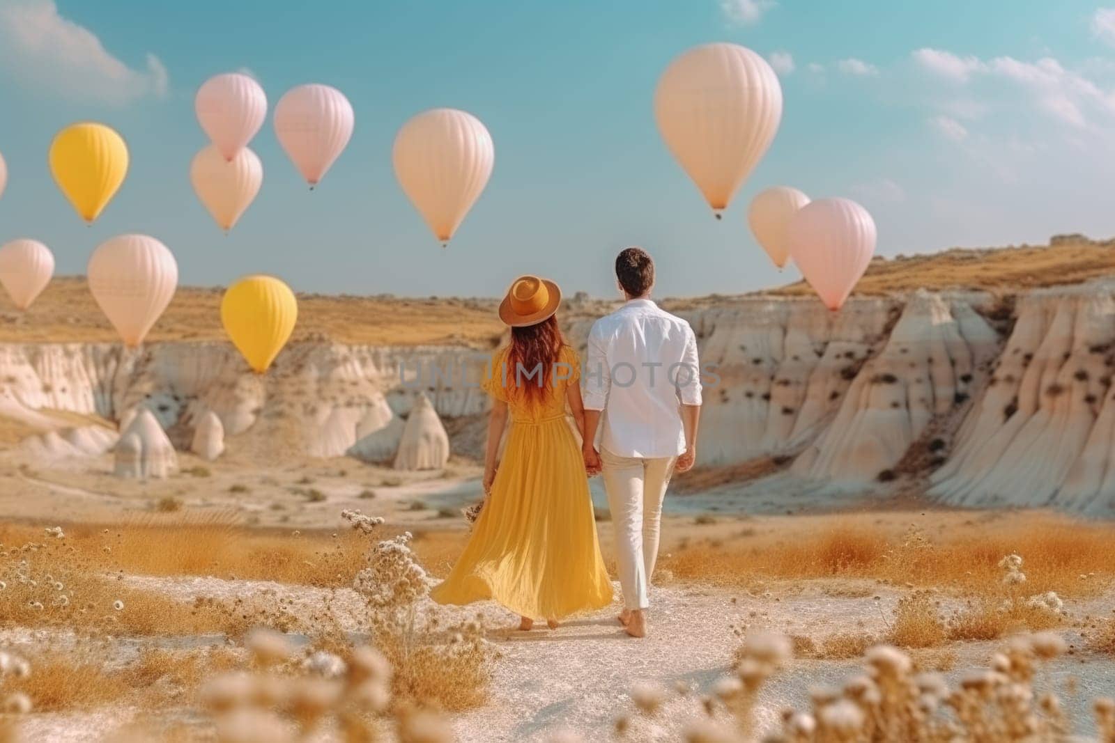 Beautiful couple of unrecognizable people watching Colorful Hot Air Balloons in Flight in Cappadocia, AI Generated