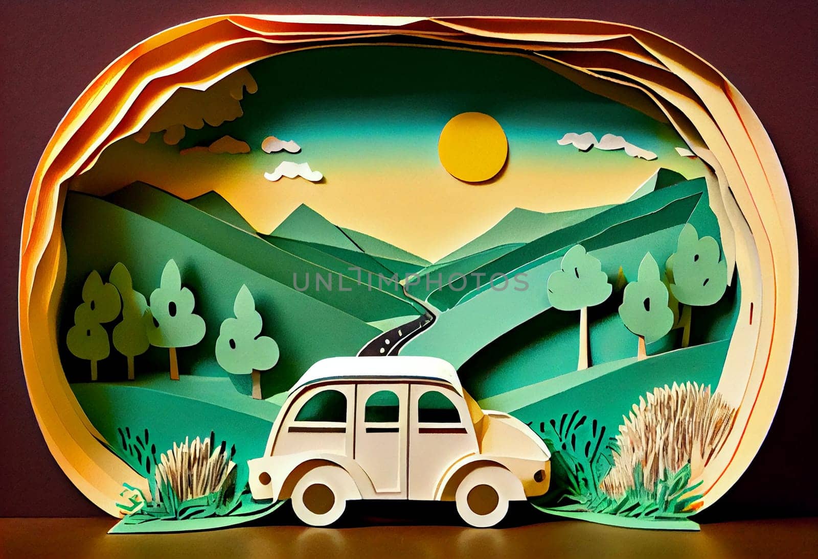 Paper art , Car on a road , one day trip in the summer , Escape from the city with goes on holiday weekend