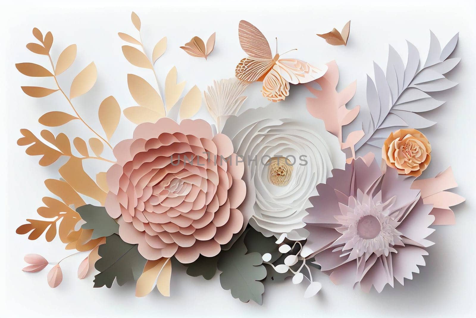 Abstract cut paper flowers isolated on white, botanical background, festive floral arrangement. Rose, daisy, dahlia, butterfly and leaves in pastel color palette. Simple modern wall decor. Generate Ai by wolfhound9111