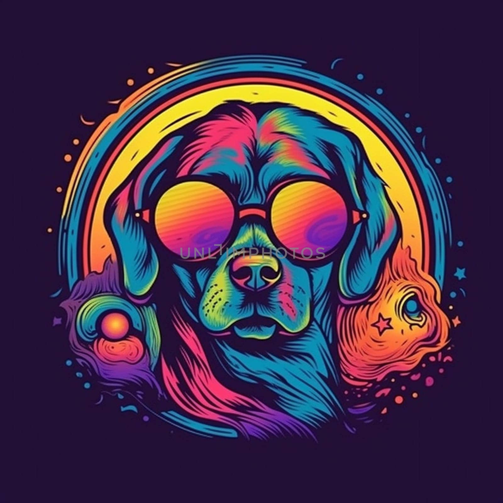 Psychedelic trippy dog cartoon 70s, rave style, acid color. Retrowave concept. Ai Generative by lucia_fox