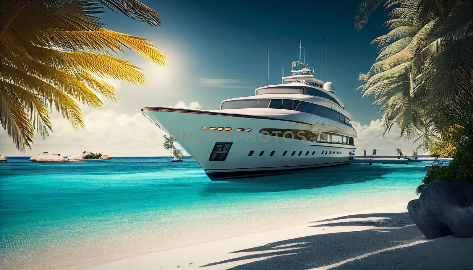 Luxury yacht docking on a paradise beach with turquoise waters and palm trees