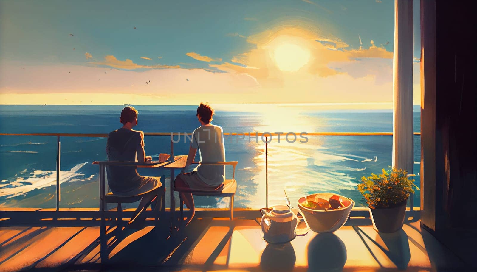 Young couple watching the horizon on their terrace - sea, sun