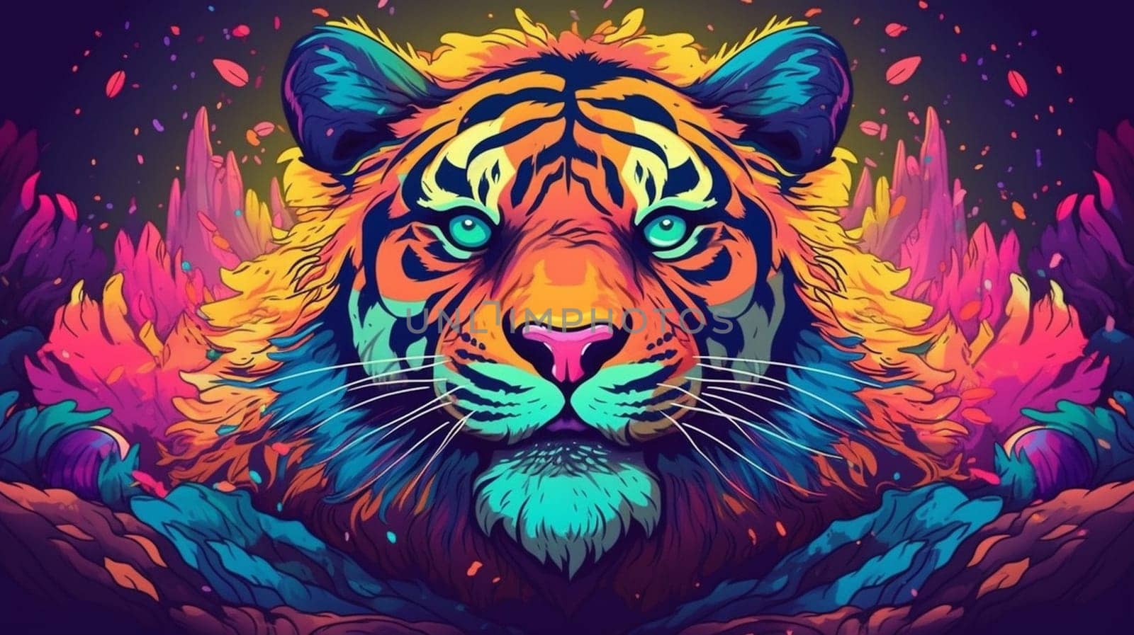 Psychedelic trippy tiger cartoon 70s, rave style, acid color. Retrowave concept. AI Generative.