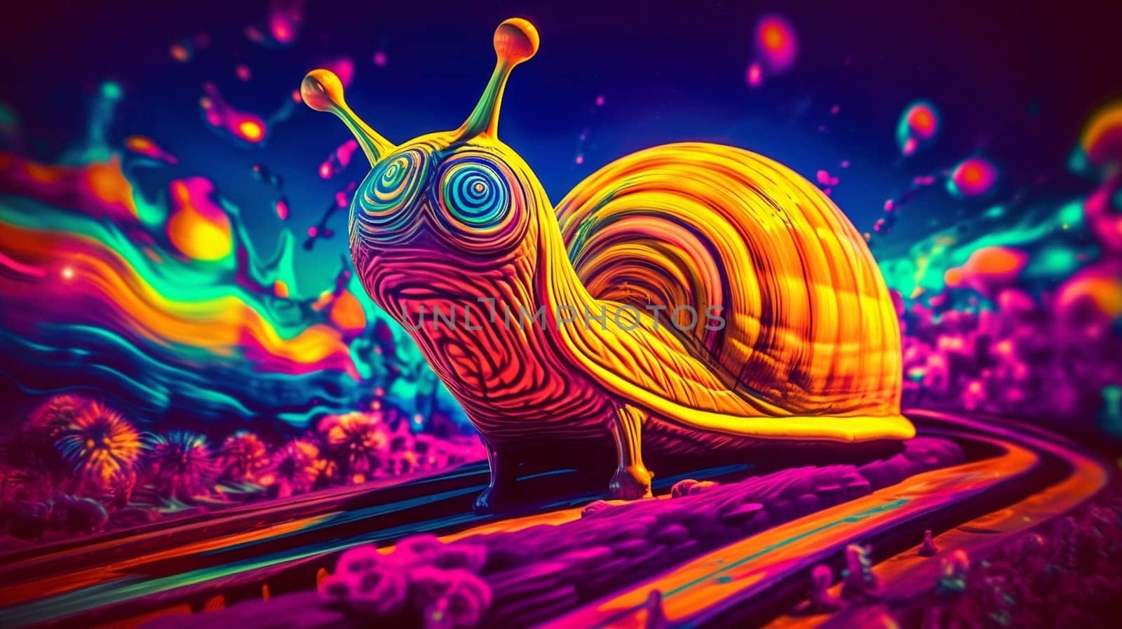 Psychedelic trippy snail cartoon 70s, rave style, acid color. Retrowave concept. Ai Generative.