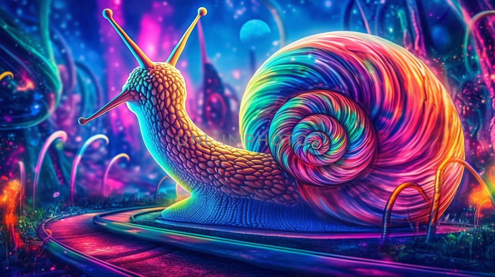 Psychedelic trippy snail cartoon 70s, rave style, acid color. Retrowave concept. Ai Generative.