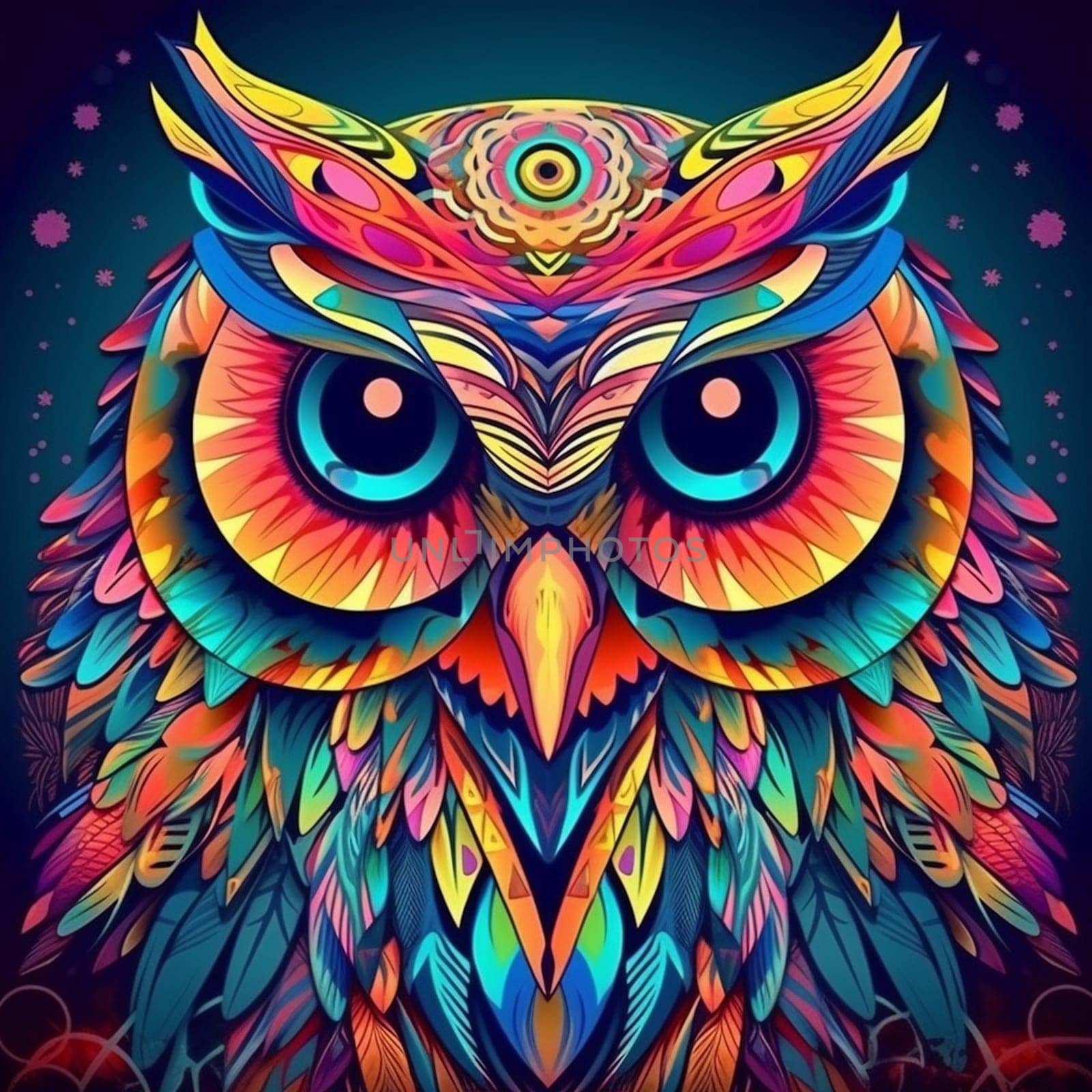 Psychedelic trippy owl cartoon 70s, rave style, acid color. Retrowave concept. Ai Generative.