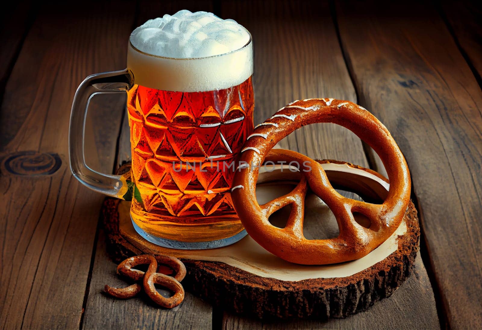 Beer and Pretzel on wooden background, Oktoberfest