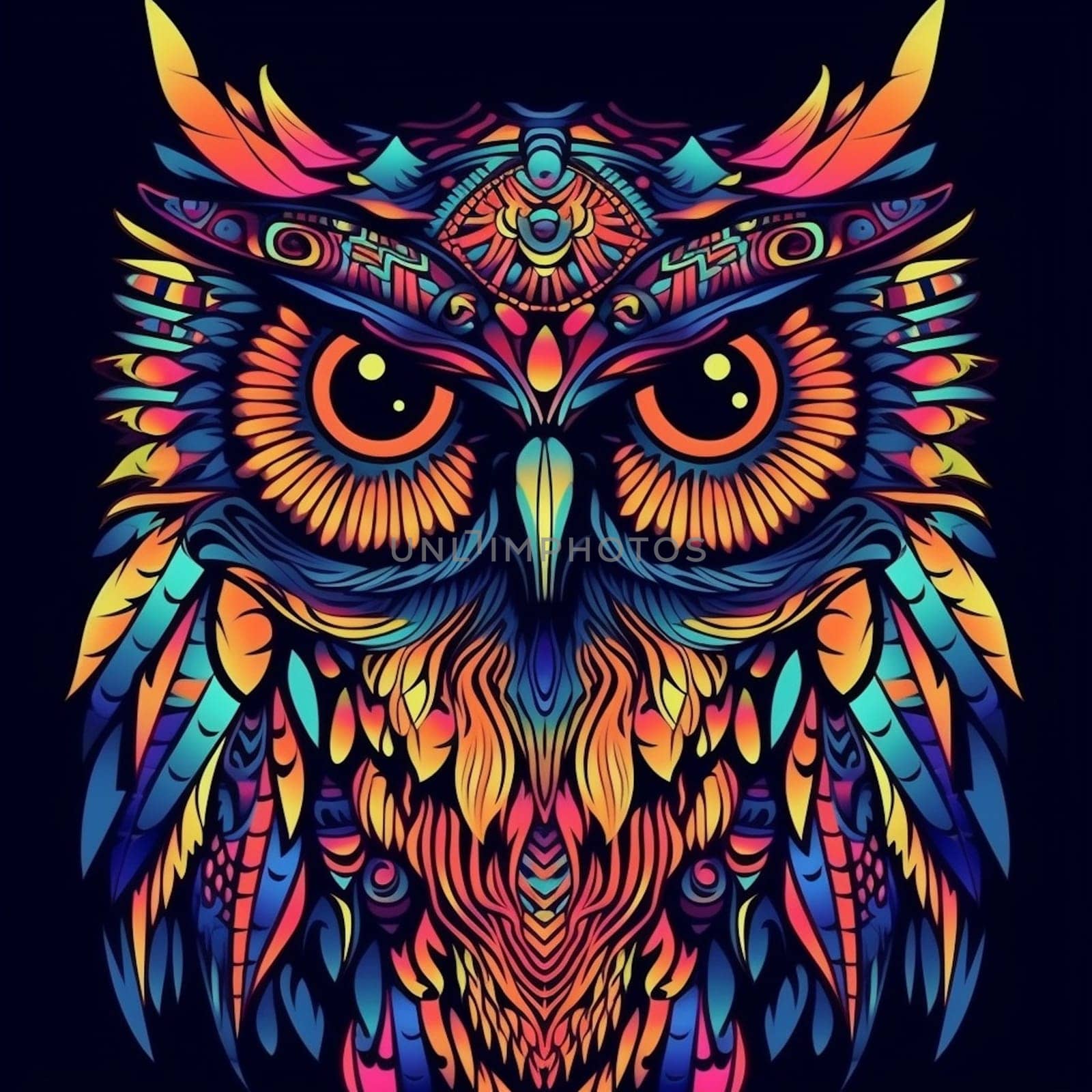 Psychedelic trippy owl cartoon 70s, rave style, acid color. Retrowave concept. Ai Generative.