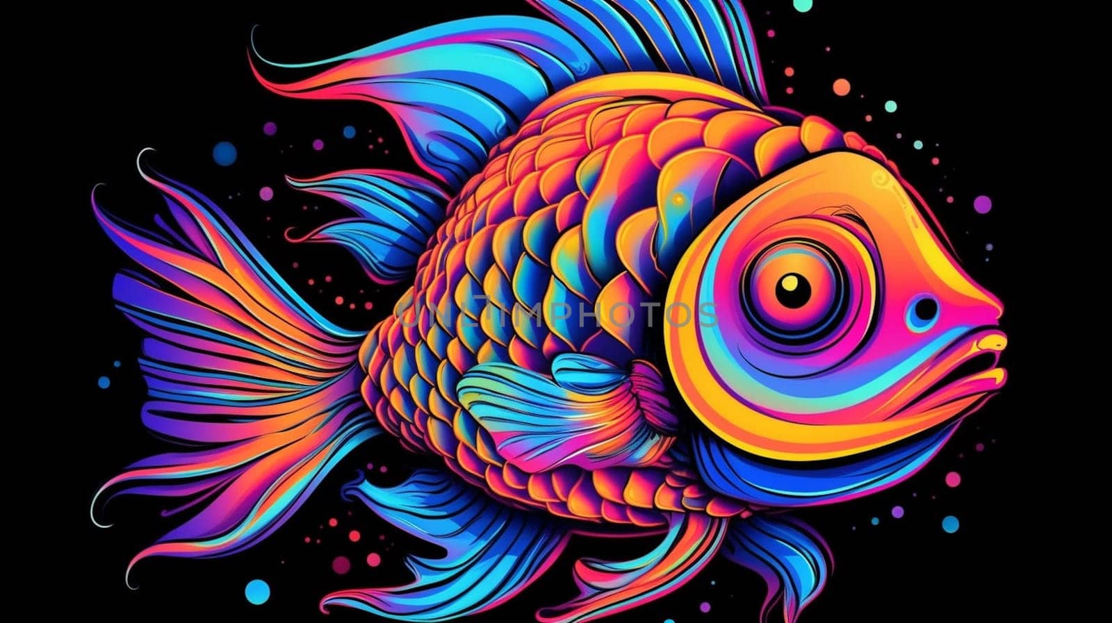 Psychedelic trippy fish cartoon 70s, rave style, acid color. Retrowave concept. Ai Generative.