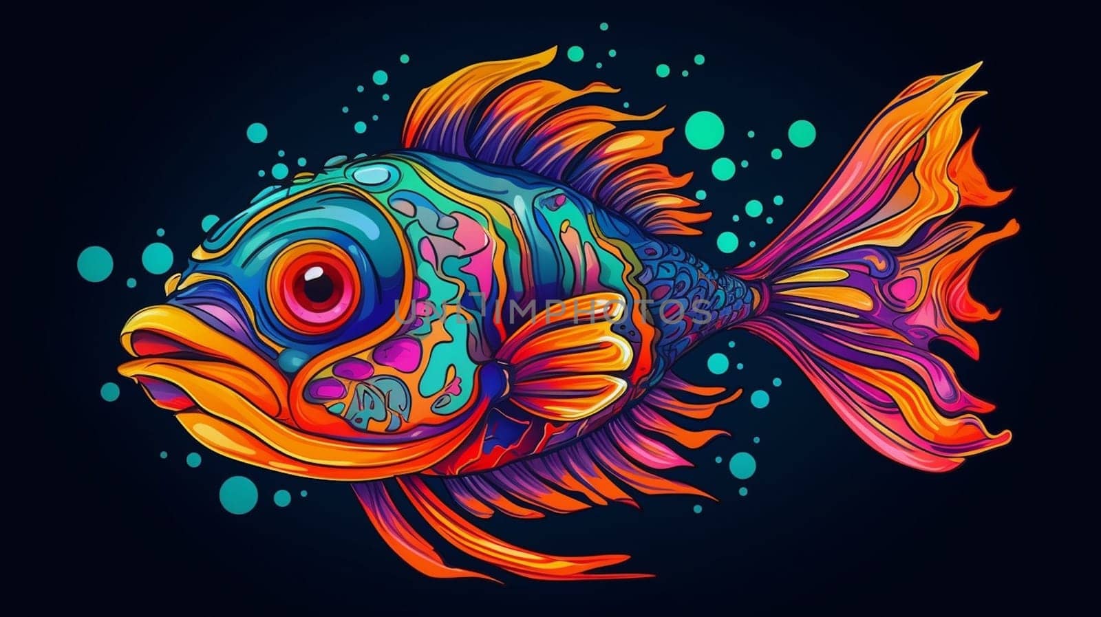 Psychedelic trippy fish cartoon 70s, rave style, acid color. Retrowave concept. Ai Generative.