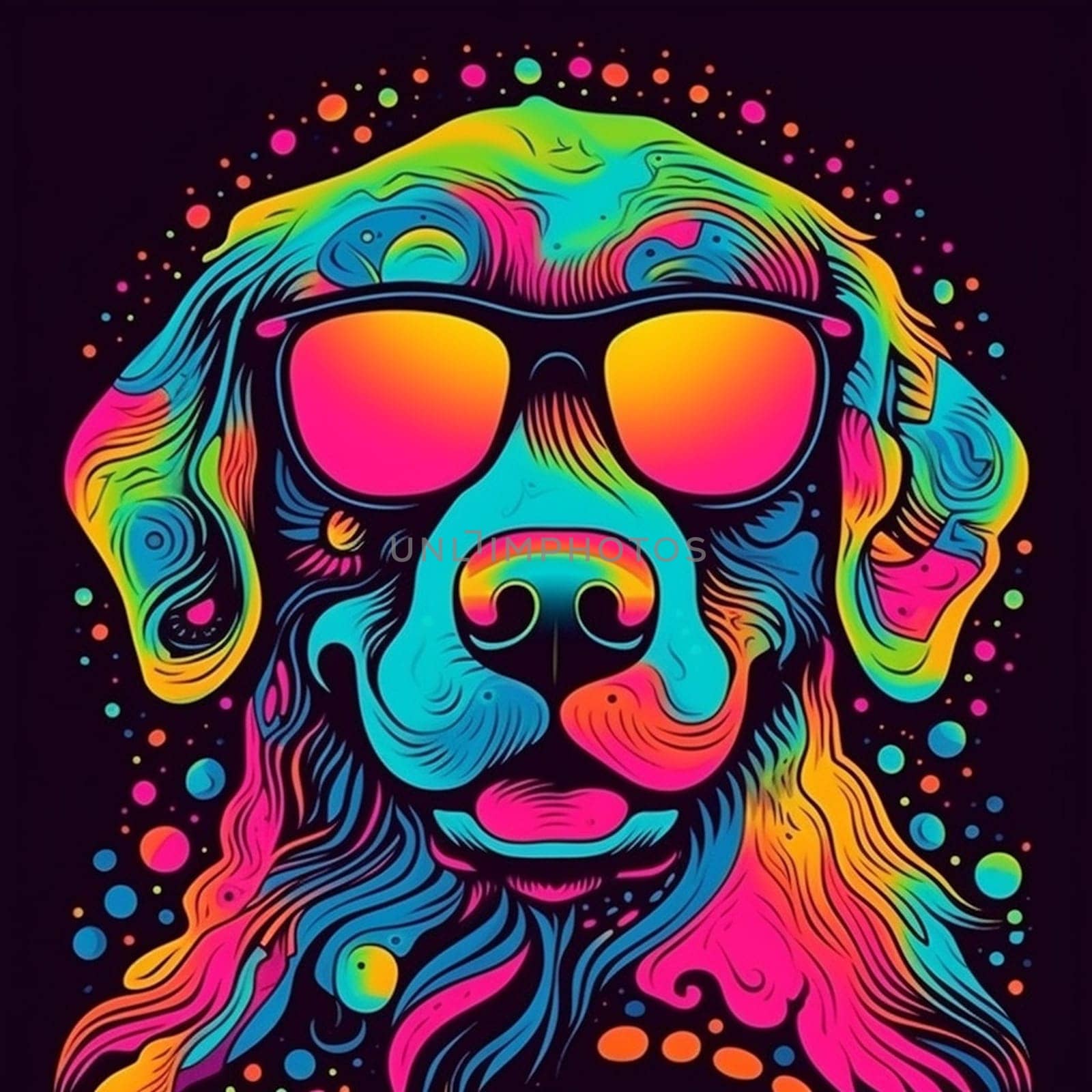 Psychedelic trippy dog cartoon 70s, rave style, acid color. Retrowave concept. Ai Generative.