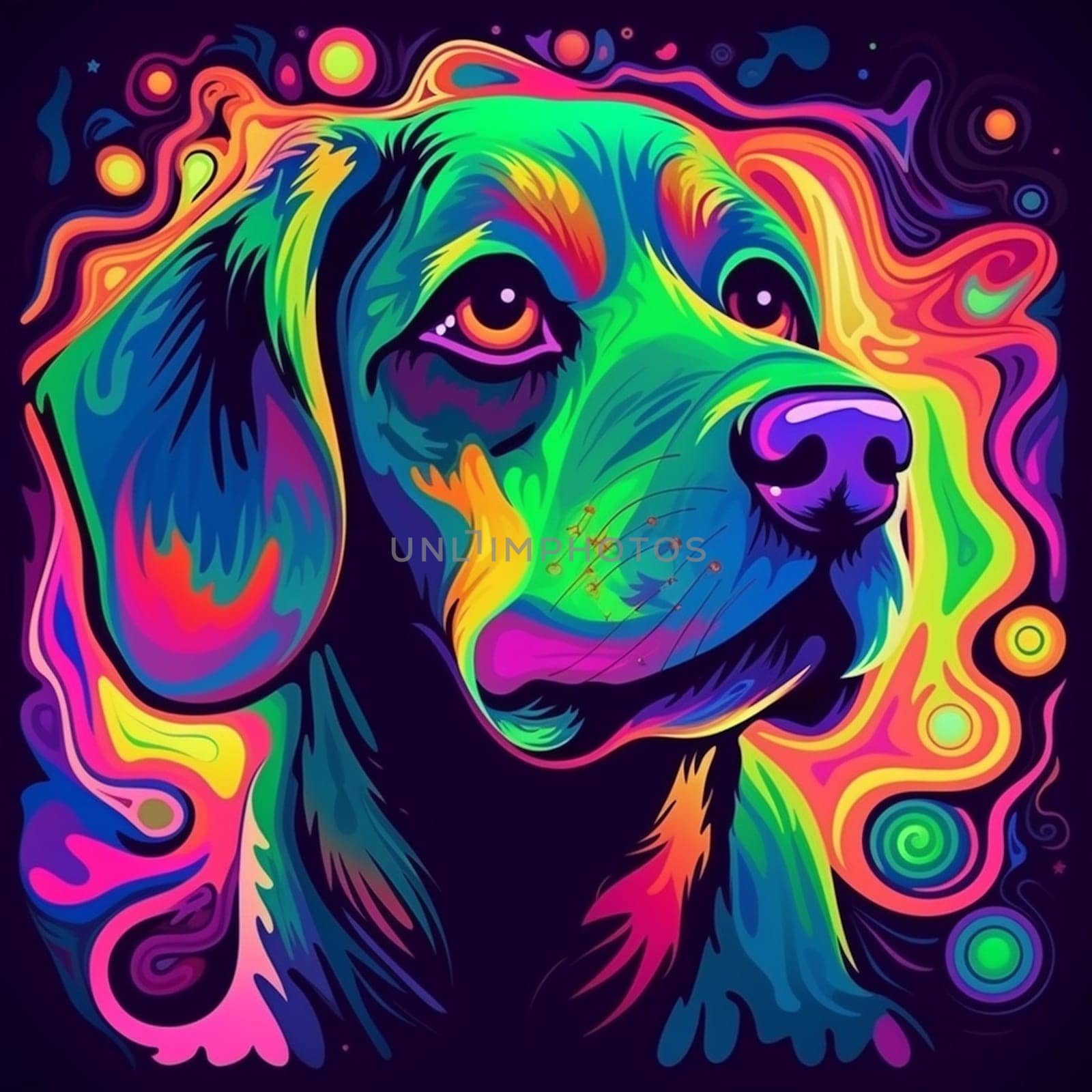 Psychedelic trippy dog cartoon 70s, rave style, acid color. Retrowave concept. Ai Generative.