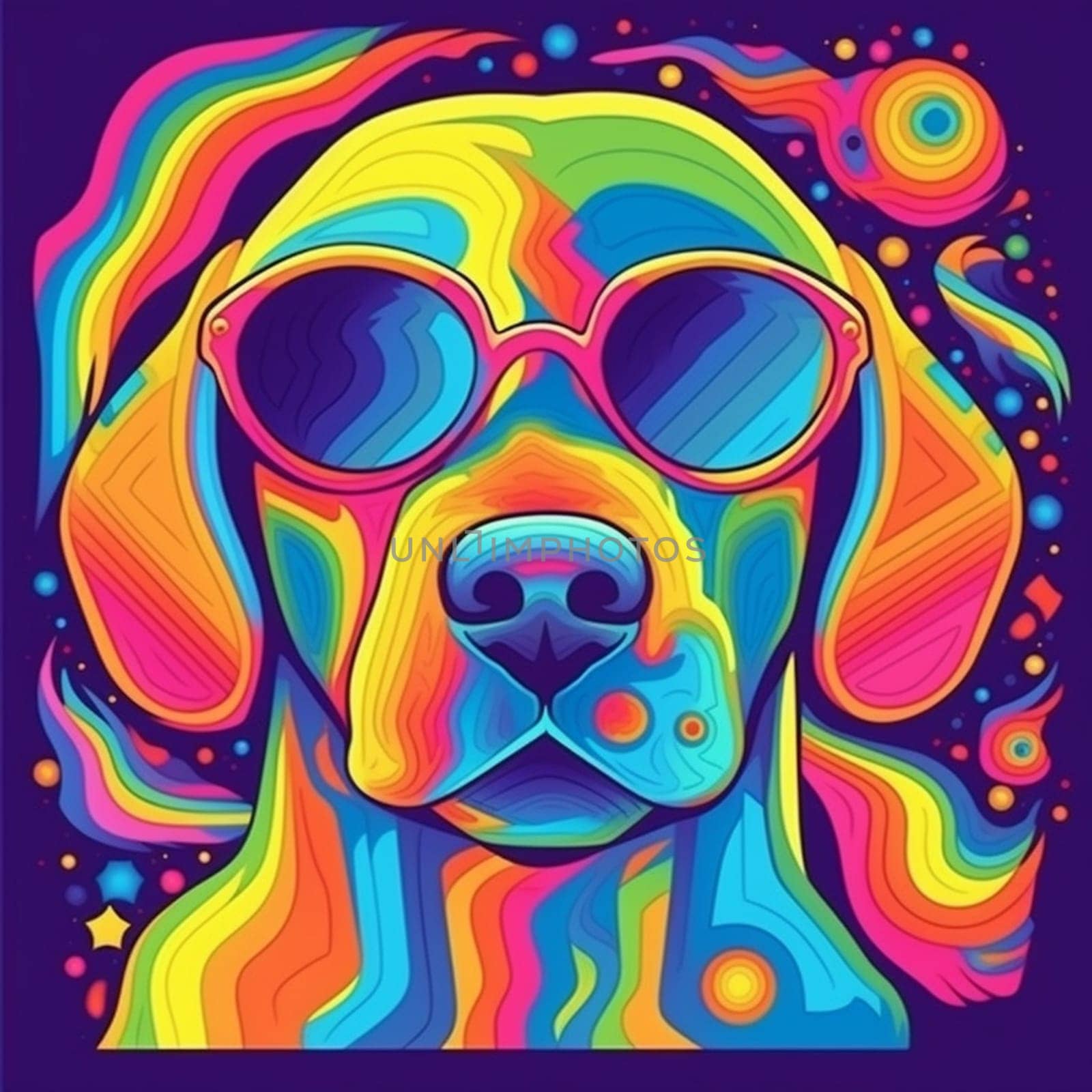 Psychedelic trippy dog cartoon 70s, rave style, acid color. Retrowave concept. Ai Generative.