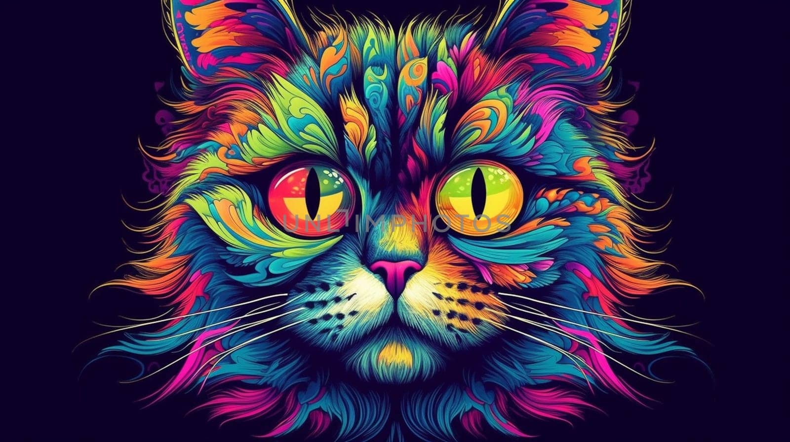 Psychedelic trippy cat cartoon 70s, rave style, acid color. Retrowave concept. Ai Generative.