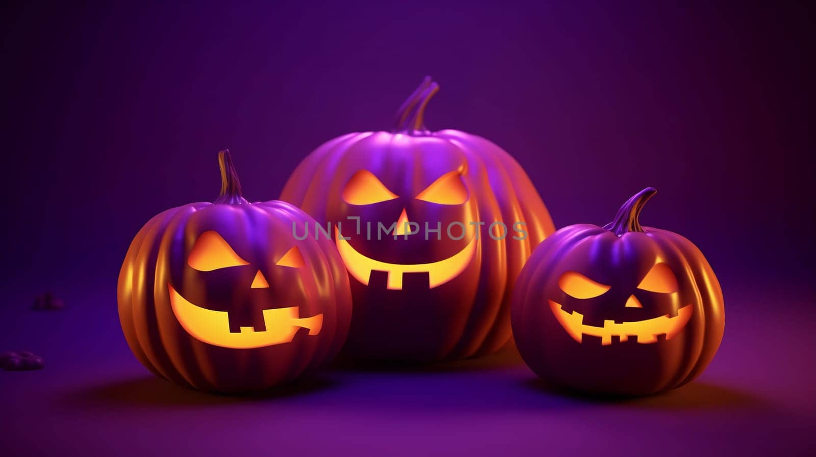 Set of scary and spooky cute face halloween pumpkins with glow light inside in night light. Halloween Day. Horizontal poster , banner or card template with text space on dark background