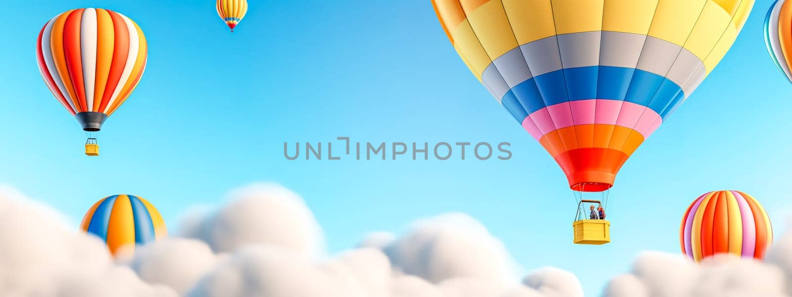 trip on colorful hot air balloon in blue sky, banner with copy space, made with Generative AI by Edophoto