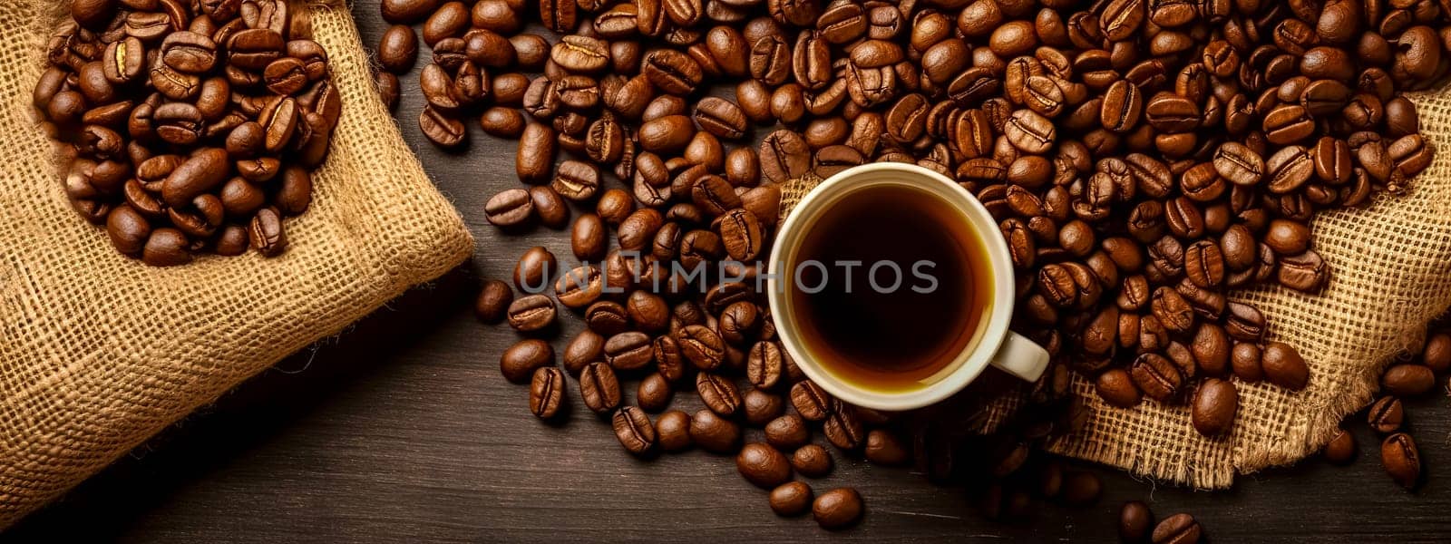 coffee mug and coffee beans on wooden table, banner, made with Generative AI. High quality illustration