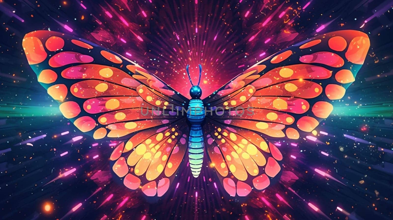 Psychedelic trippy butterfly cartoon 70s, rave style, acid color. Retrowave concept. Ai Generative.