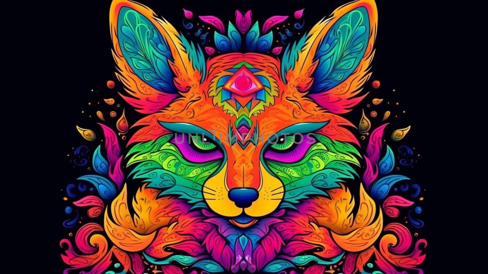 Psychedelic trippy fox cartoon 70s, rave style, acid color. Retrowave concept. Ai Generative.