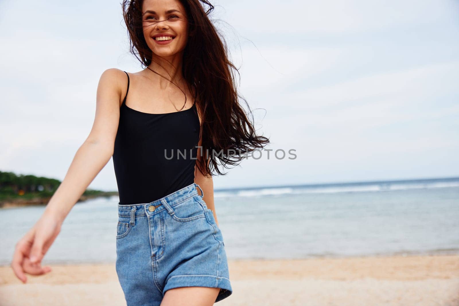 woman beach running sunset lifestyle young summer flight travel sea smile by SHOTPRIME