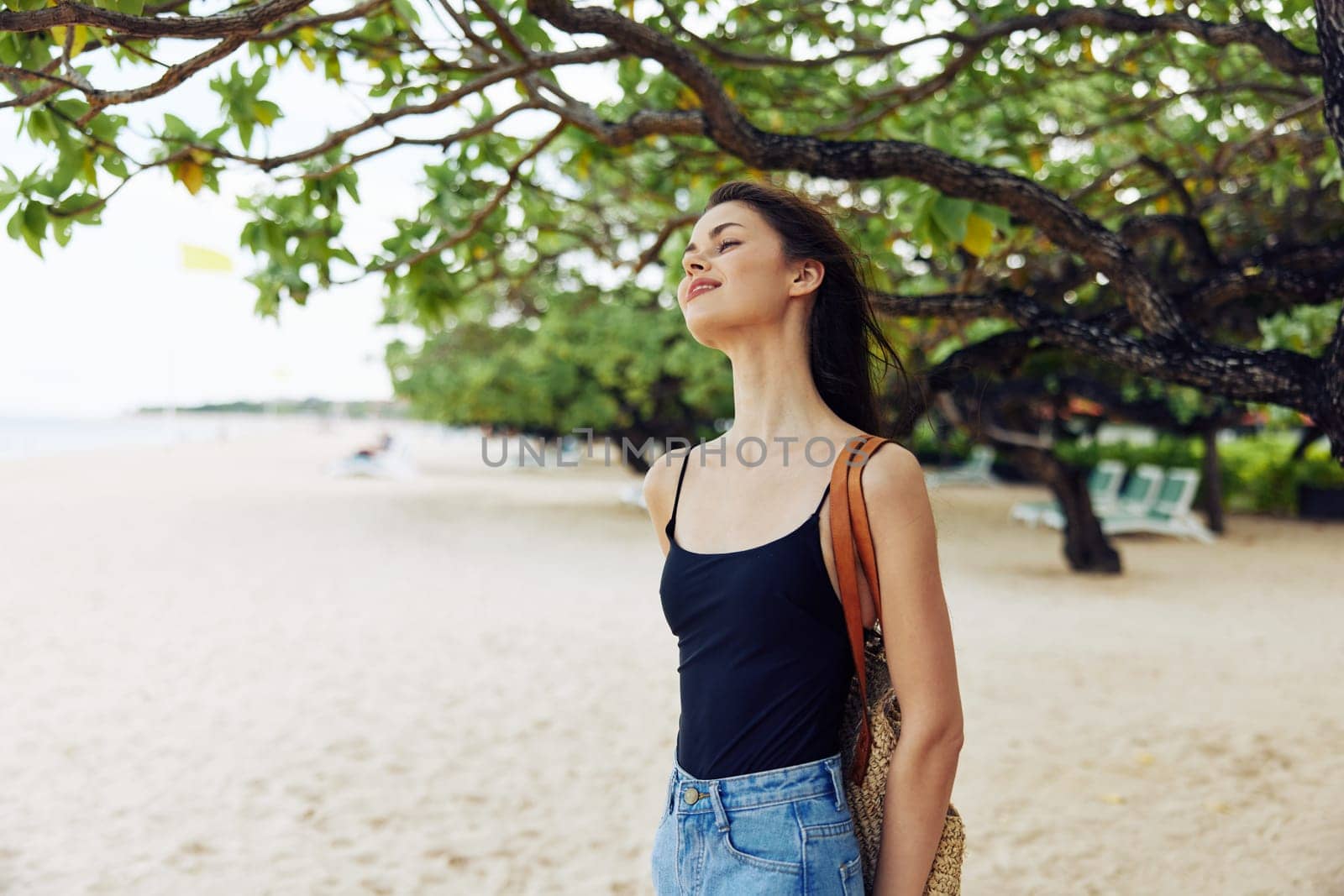 woman sand beach sea young nature ocean vacation copy-space smile summer by SHOTPRIME