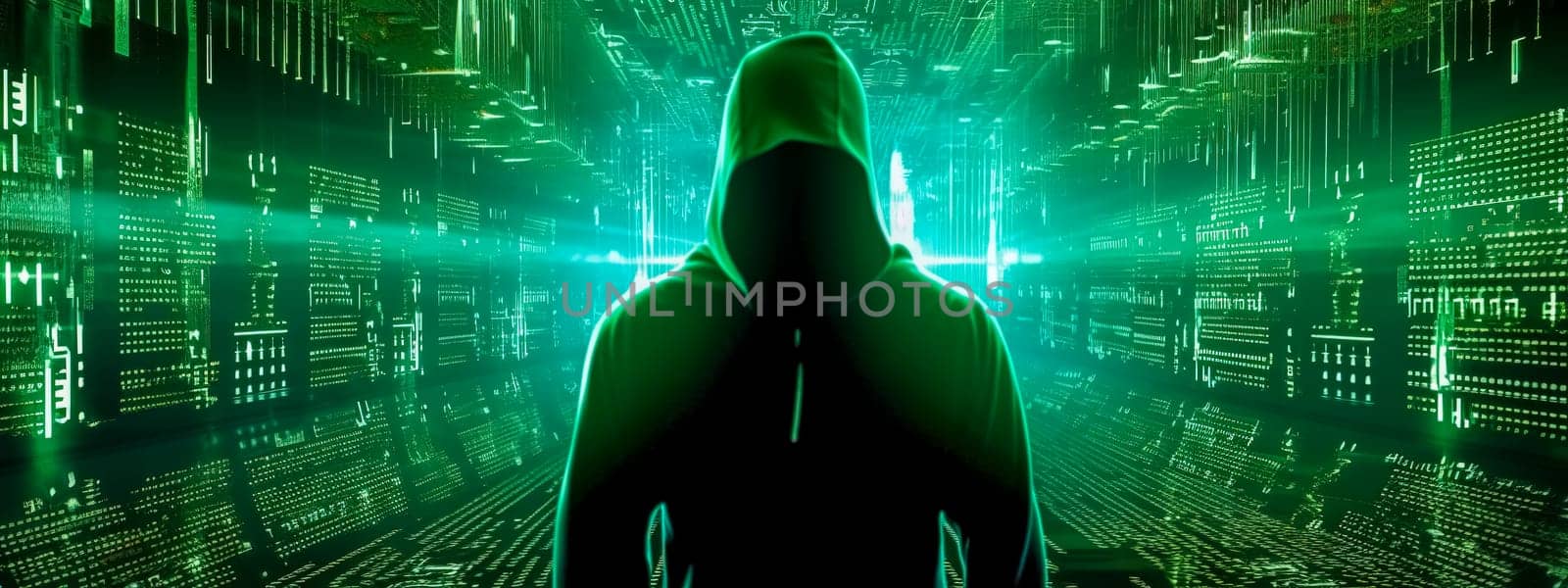 the man in the matrix, the virtual world of the computer system, banner, made with Generative AI. High quality illustration