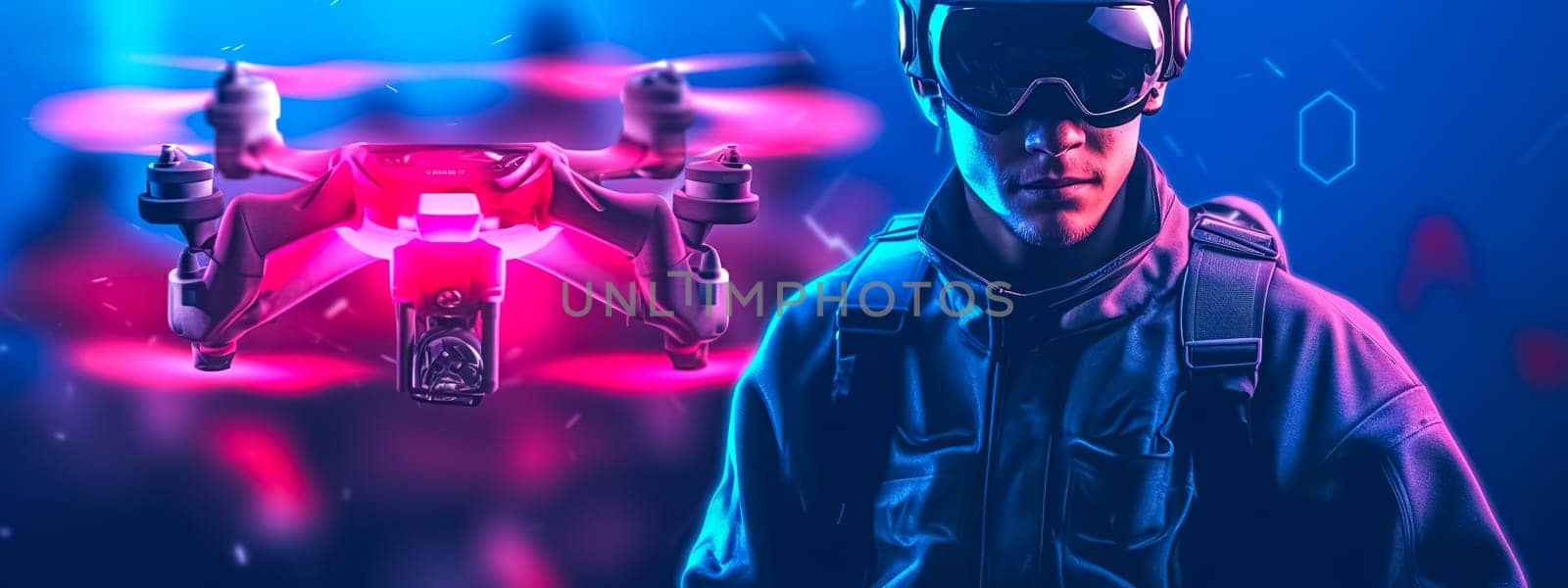 hacker, spy and secret agent in the service of operating drones, drone-assisted surveillance and espionage, banner, made with Generative AI. High quality illustration