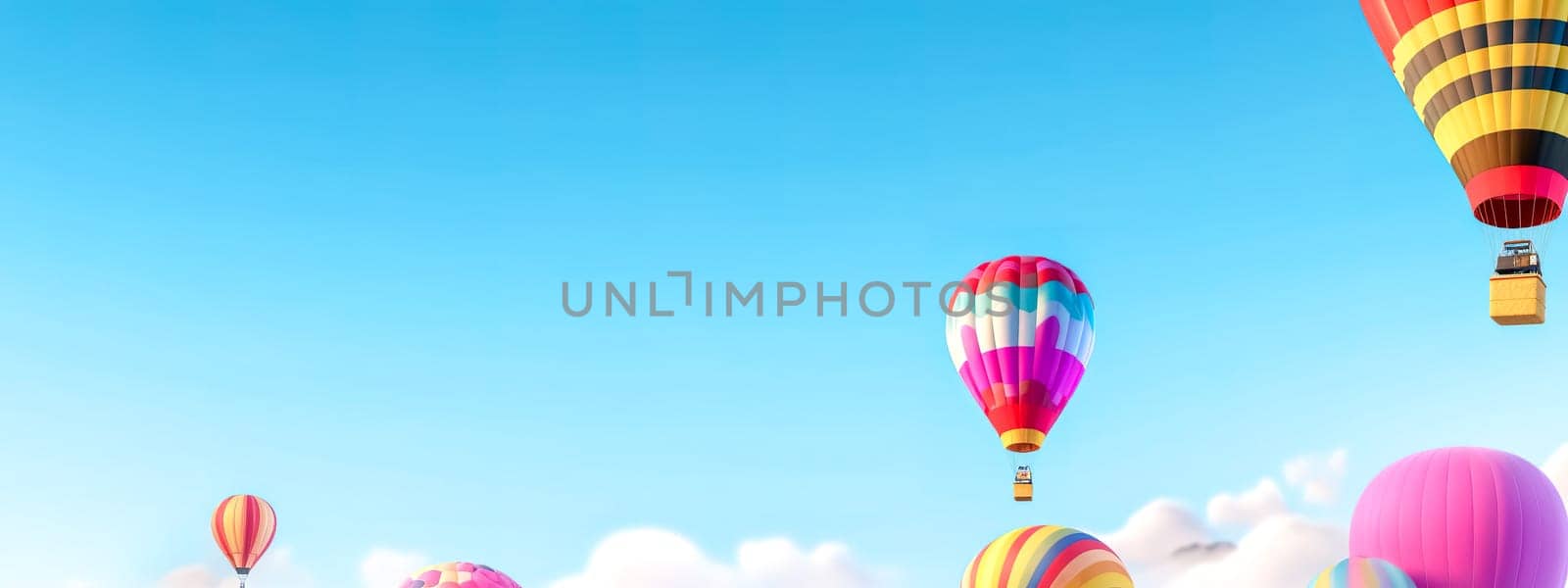 colorful hot air balloon in blue sky, banner with copy space, made with Generative AI. High quality illustration