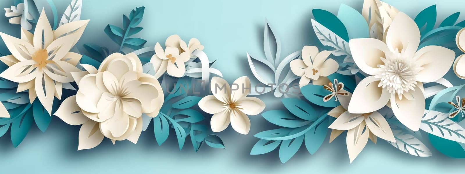 creative flowers and leafs paper cut art style, banner, made with Generative AI by Edophoto