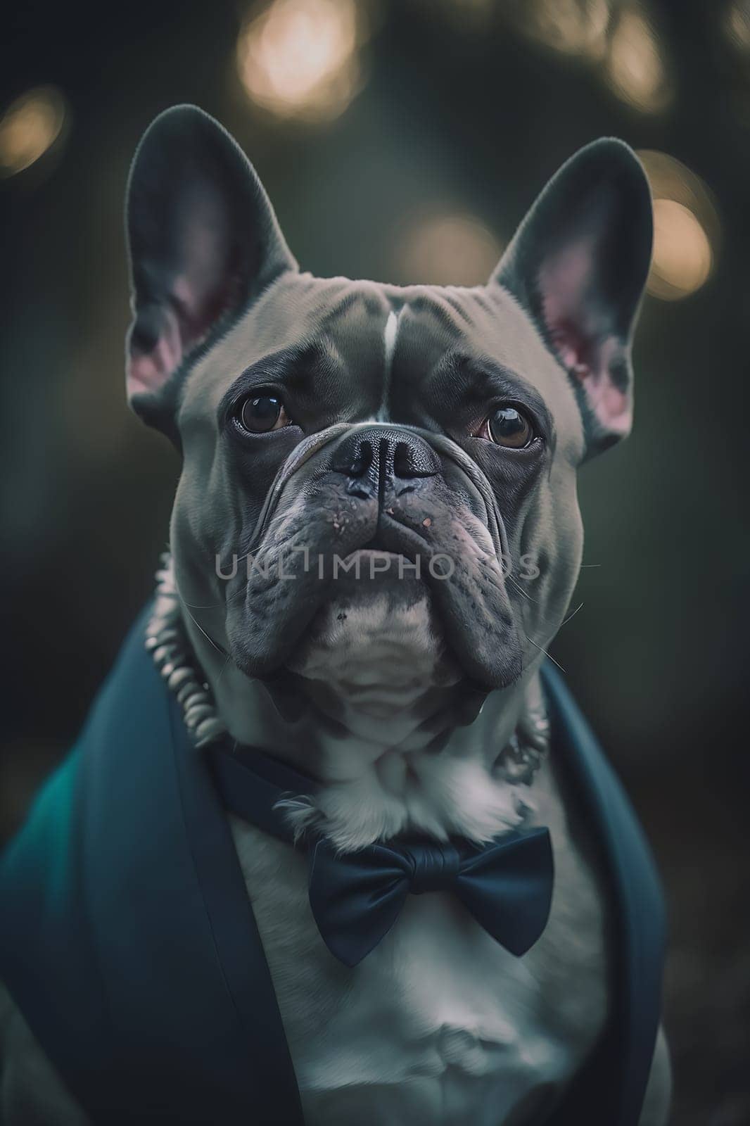 Portrait of serious dog, brown stylish French bulldog in a bow tie, sitting indoors in evening . Ai generative
