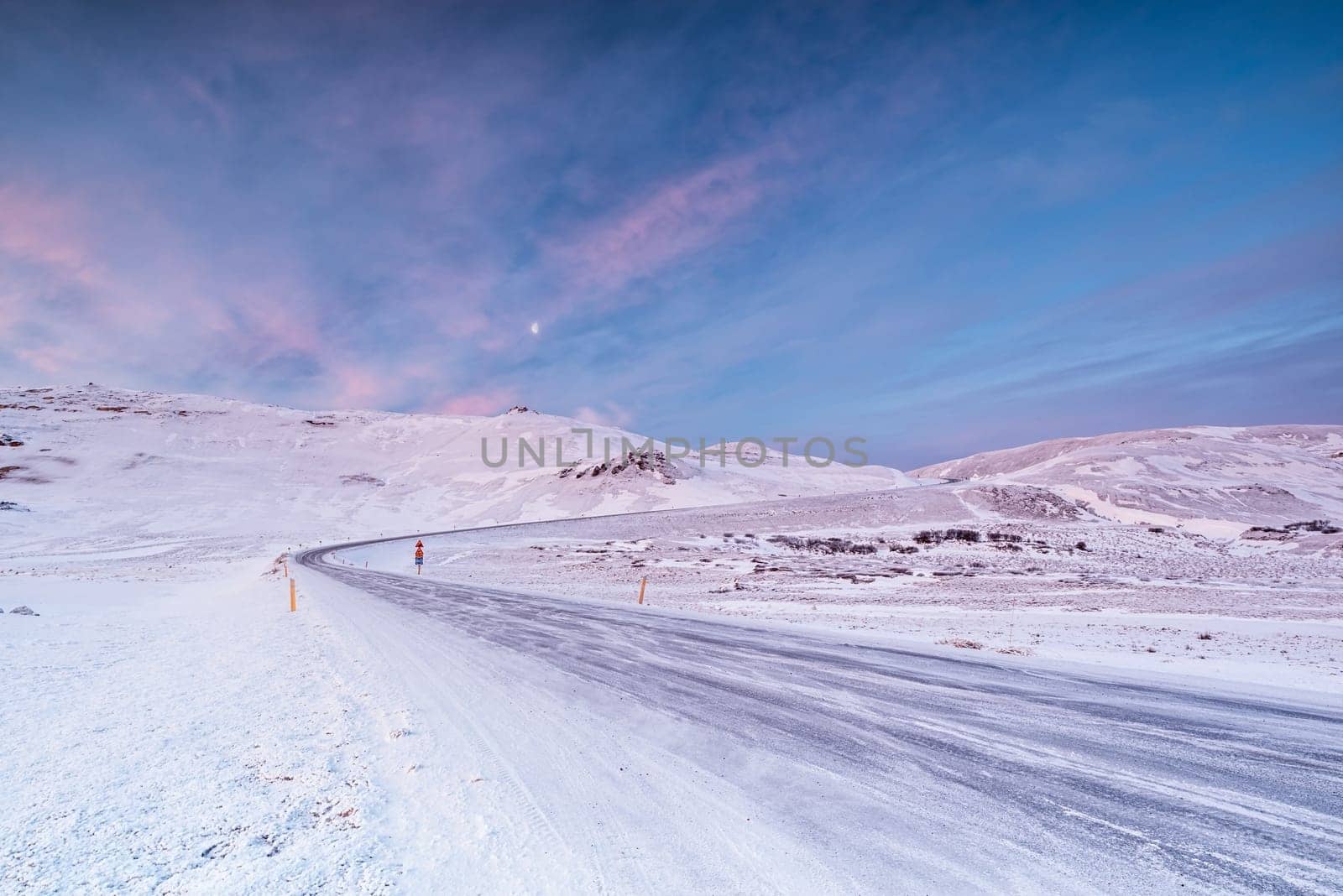 Hverir iced road in winter and moon, Iceland by LuigiMorbidelli