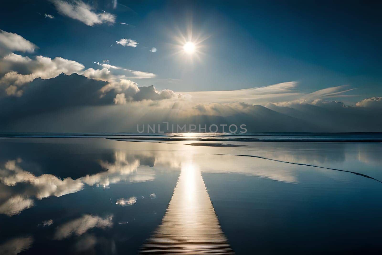 Moonlight in ocean landscape. The ocean stretches out as far as the eye can see, its surface a canvas of deep, midnight blue. AI generated image