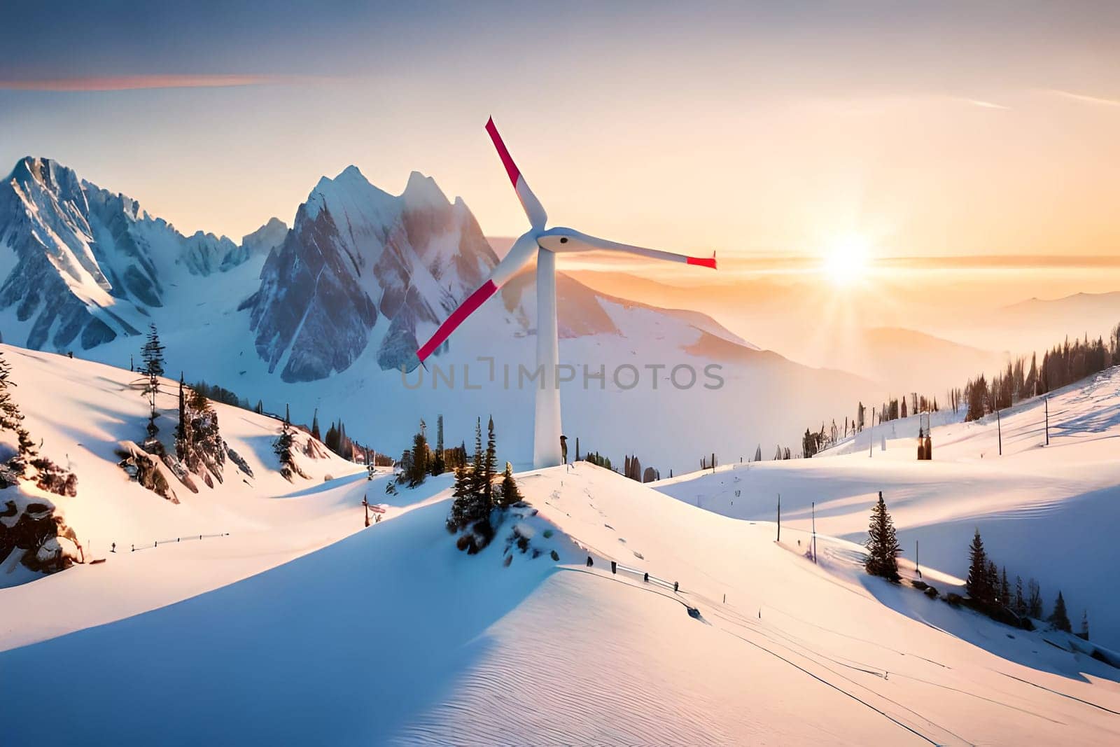 Panoramic view of wind farm or wind park, with high wind turbines for generation electricity with copy space. Green energy concept. Generative AI