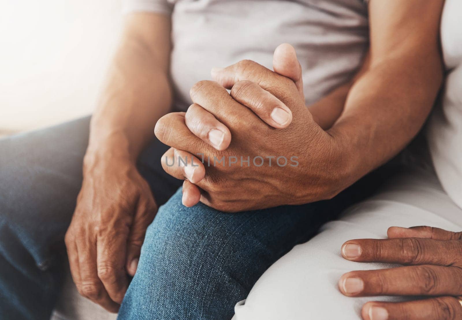 Senior, love and couple holding hands for support, prayer or empathy, trust or affection. Valentines day, romance and elderly man and woman together for respect, worship or praying for hope and peace.