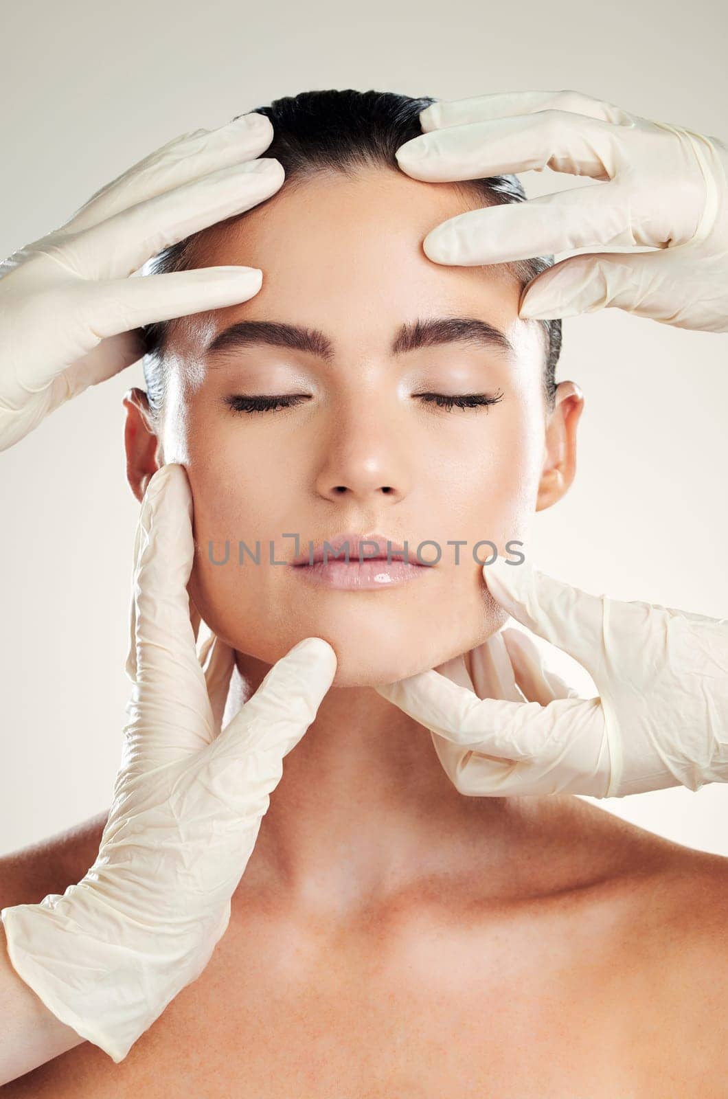 Skincare, plastic surgery and facial filler on woman with dermatology collagen cosmetics. Headshot of a beauty model person with professional hands for medical procedure on face skin.