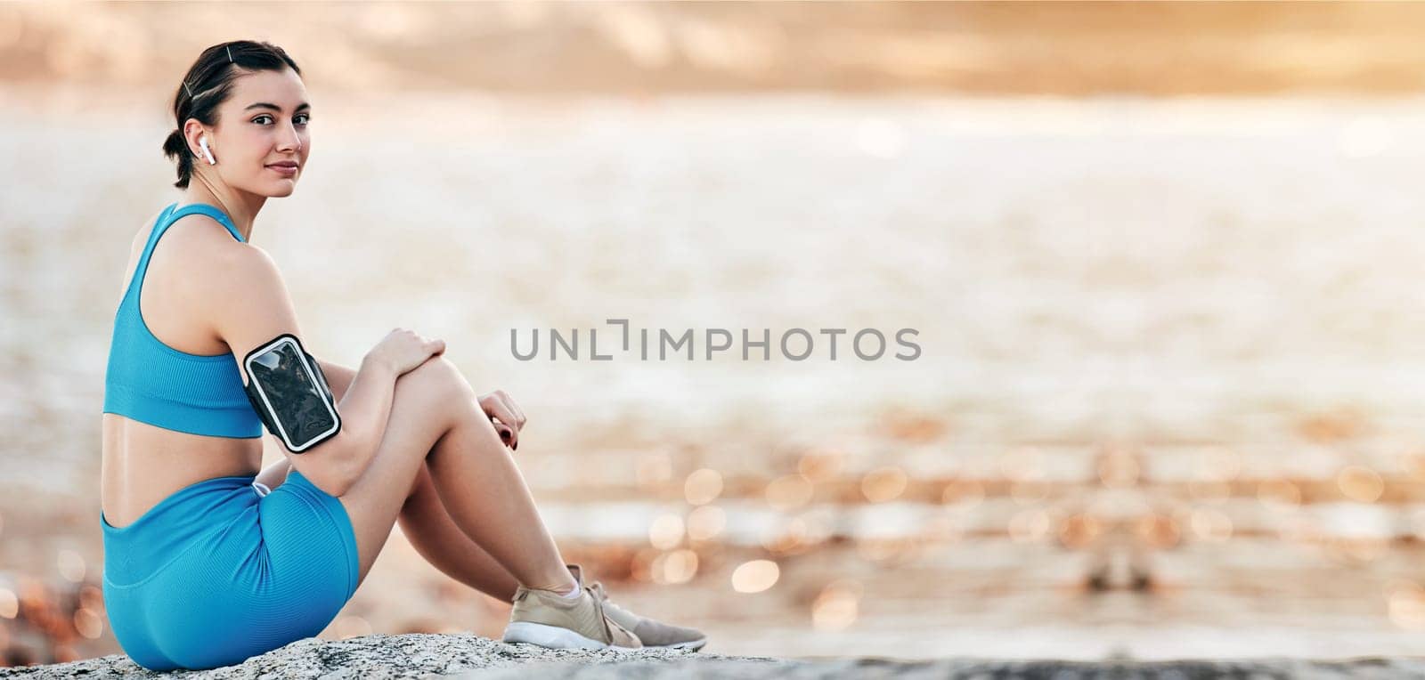 Workout, beach sunset or portrait of woman relax after outdoor running, sports training or fitness performance. Nature exercise mockup, waves or runner at sea for mental health, calm or freedom peace.