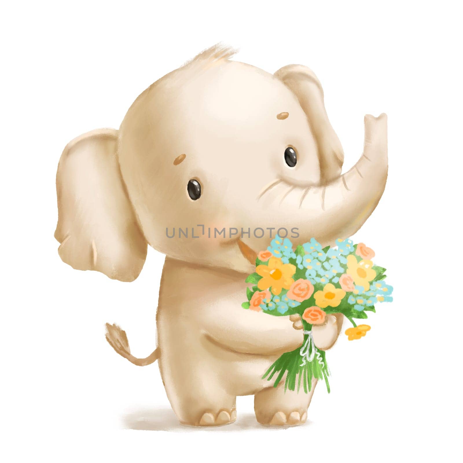 Cute elephant with flowers bouquet. Hand drawn illustration isolated on white. Childish baby animal character.