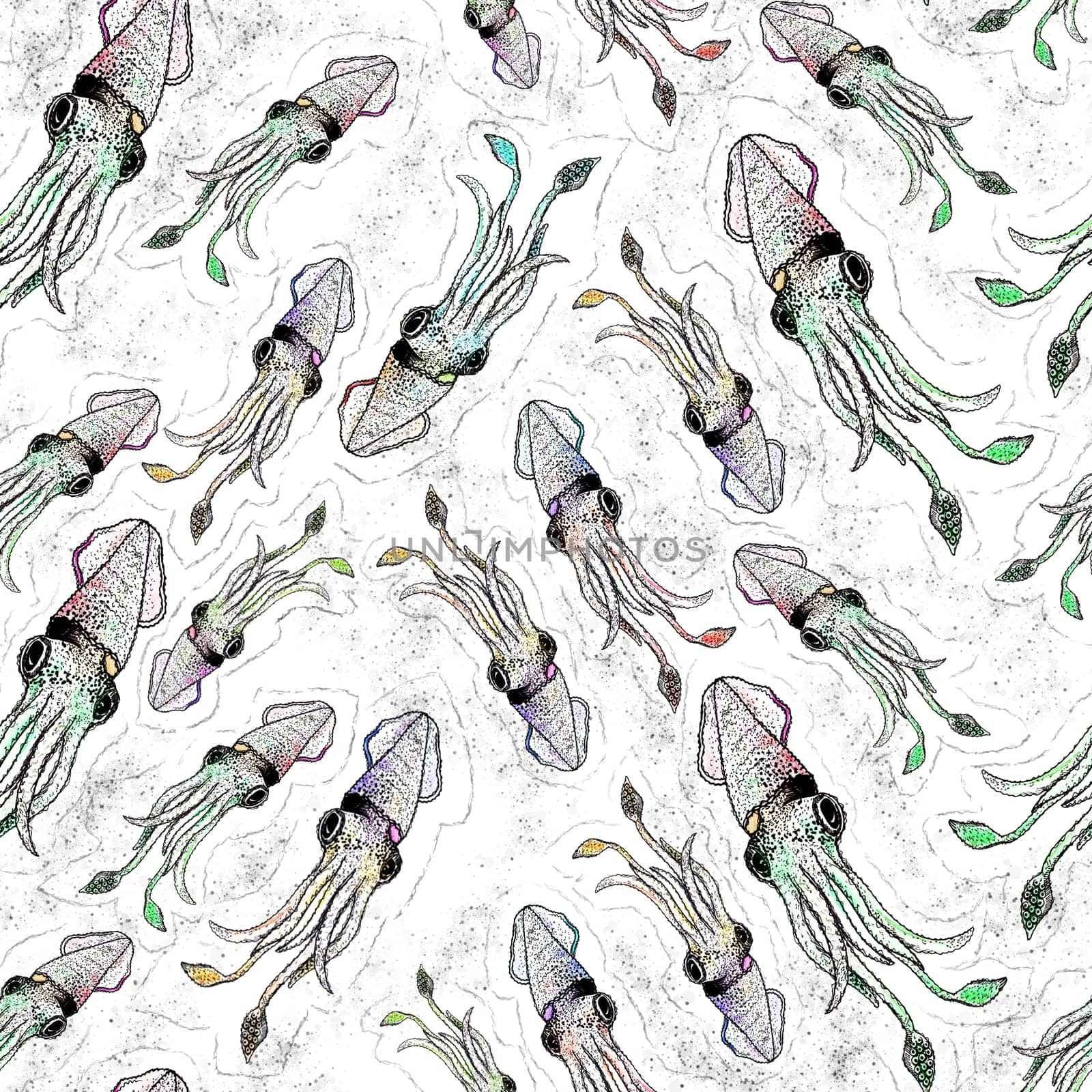 Squid pattern seamless. calamary background. Artistic illustration by fireFLYart