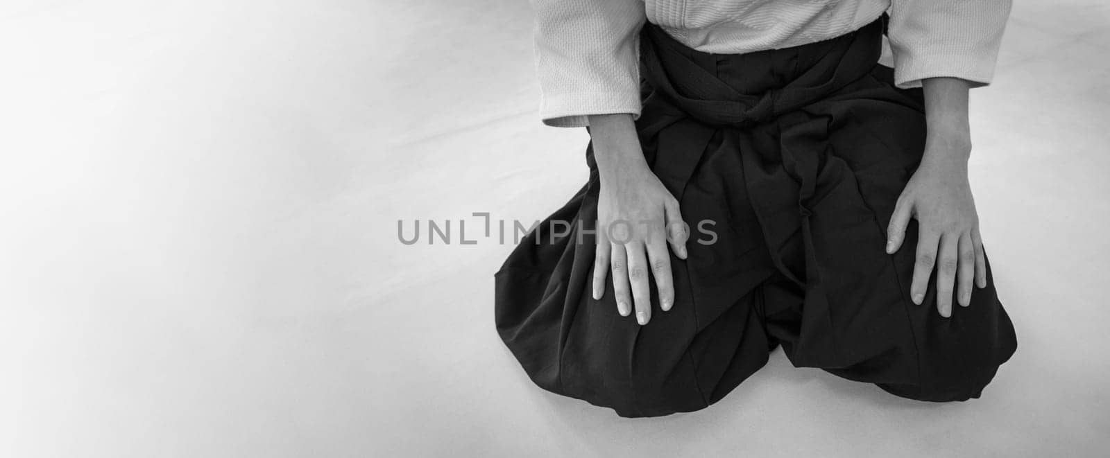 Woman practicing aikido in a dojo background. by maramade