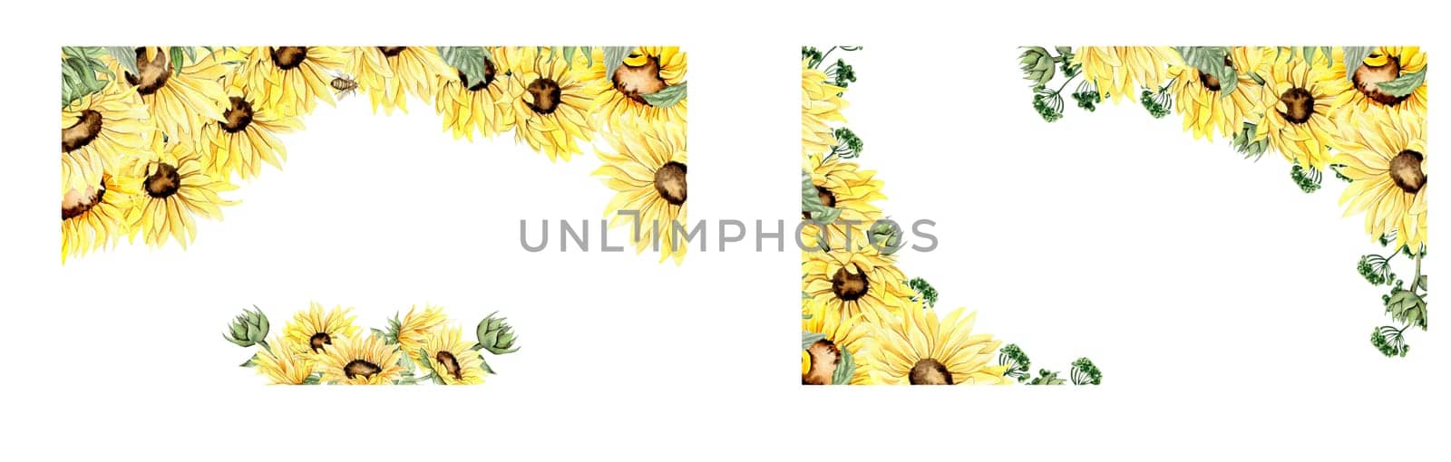 Watercolor horizontal seamless background with sunflowers set. Butterflies in cartoon style. Hand drawn illustration of summer.Perfect for scrapbooking, kids design,wedding invitation,greetings cards.