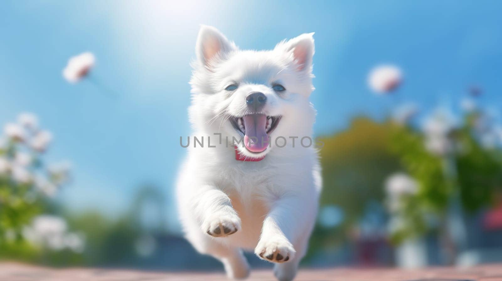 Happy white puppy in nature. Generative AI by Veiksme