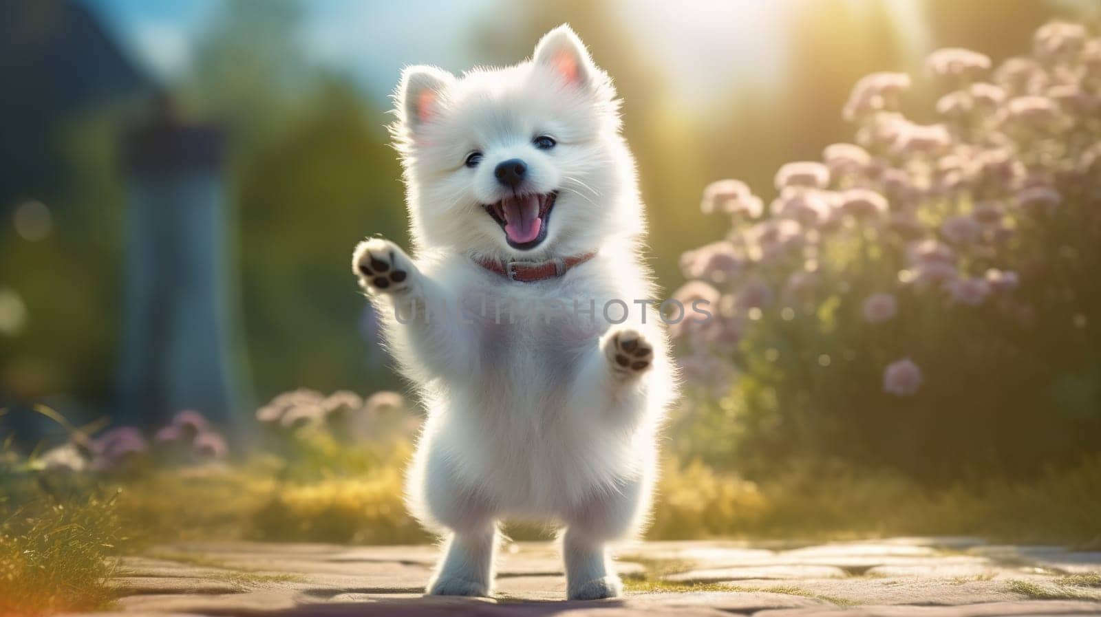 Happy white puppy in nature. Generative AI