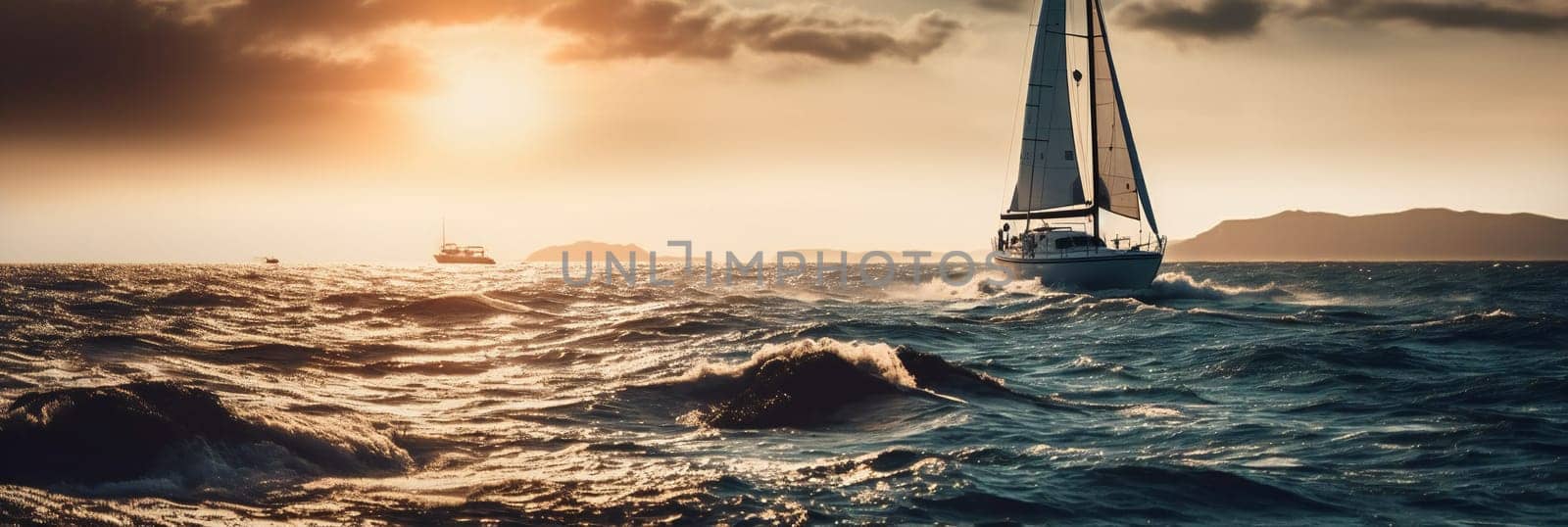 Sailboat in the sea in the evening sunlight over sky background. active vacation concept. Copy space. Generative ai by juliet_summertime