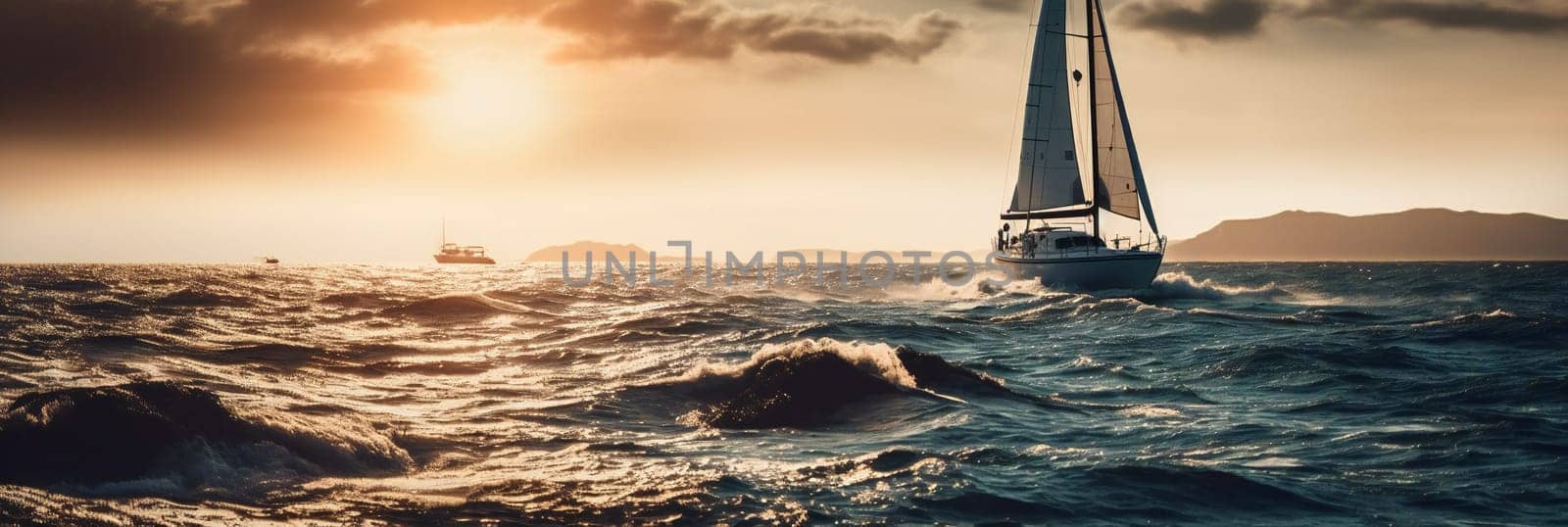 Sailboat in the sea in the evening sunlight over sky background. Luxury summer adventure or active vacation concept. Copy space.