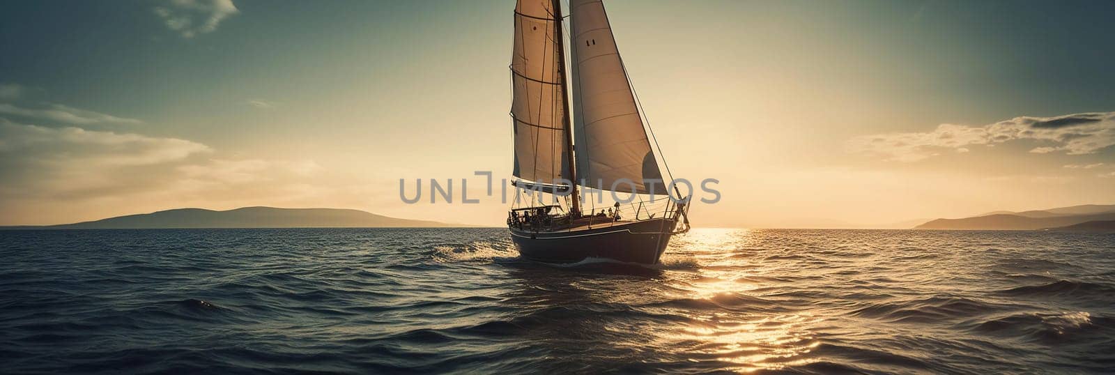 Sailboat in the sea in the evening sunlight over sky background. Luxury summer adventure or active vacation concept. Copy space.