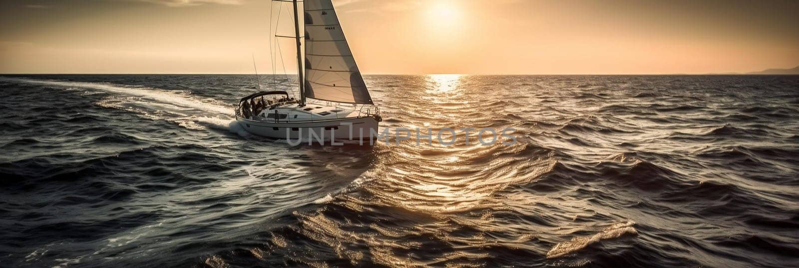 Sailboat in the sea in the evening sunlight over sky background. Luxury summer adventure or active vacation concept. Copy space.