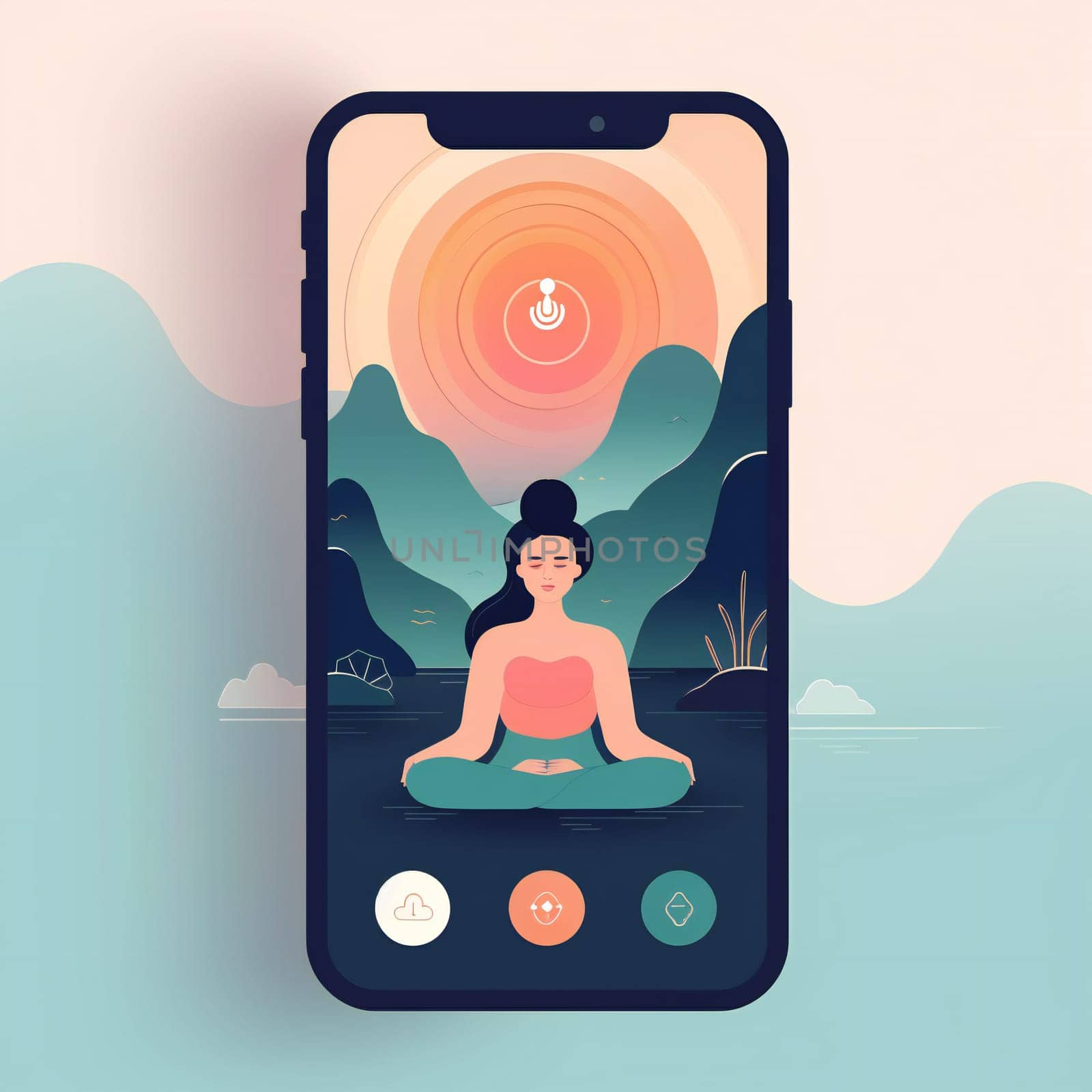 Meditation app Girl doing yoga Lotus pose. Flat dribble figma style illustration.