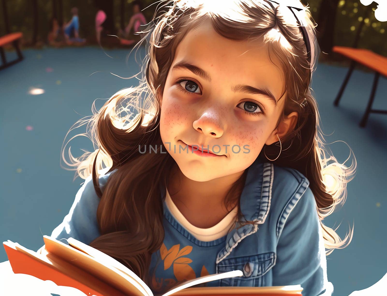 Good leisure for a child. Teaching a child through play. A beautiful girl in a denim jacket smiles at the camera in playground. High quality photo